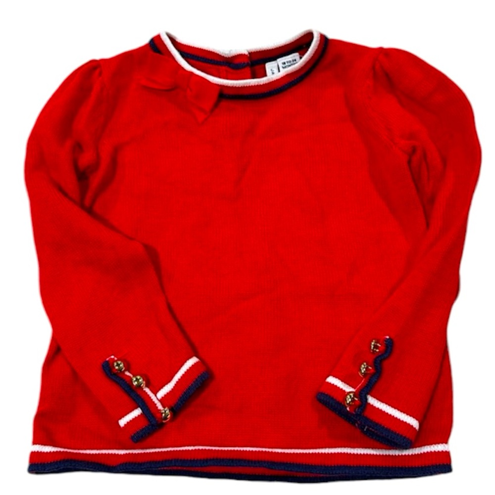 JANIE AND JACK Red Knit Pullover Crewneck Sweater with Bow Navy White Trim 18-24
